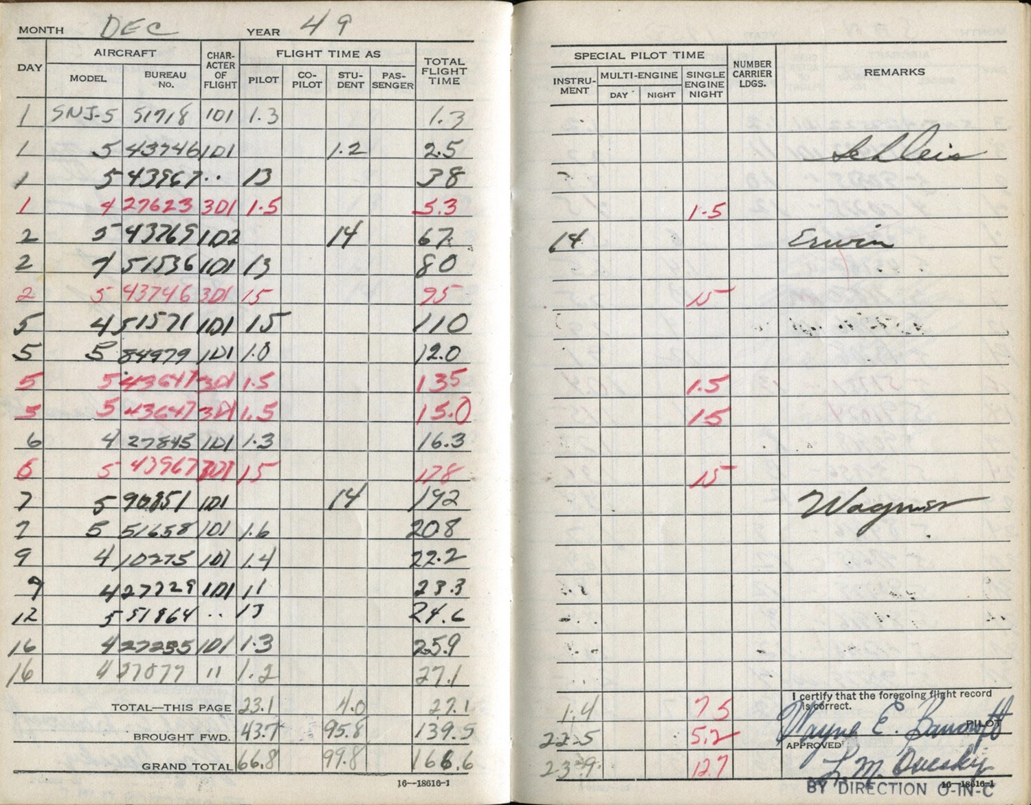 Lt. Wayne E. Bancroft Naval Flight Log Book, December 1949