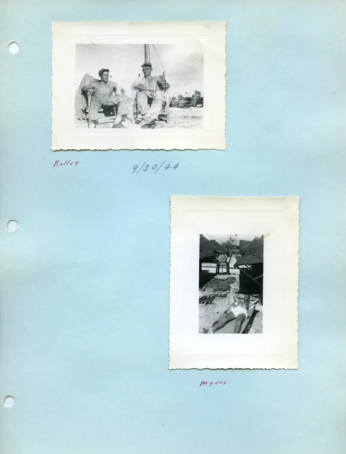 Photo Album Page: 'Kelley' (9/30/44) and 'Myers,' Pacific Theater, WWII