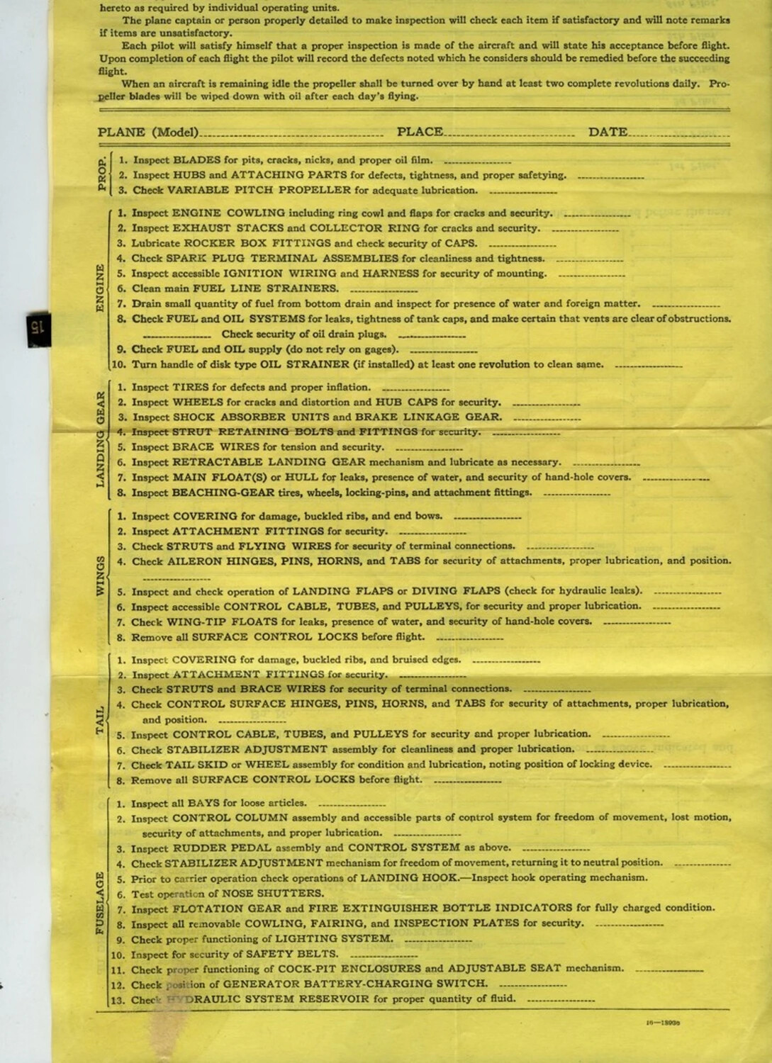 U.S. Navy Aircraft Preflight Inspection Checklist Form (Yellow Carbon Copy)