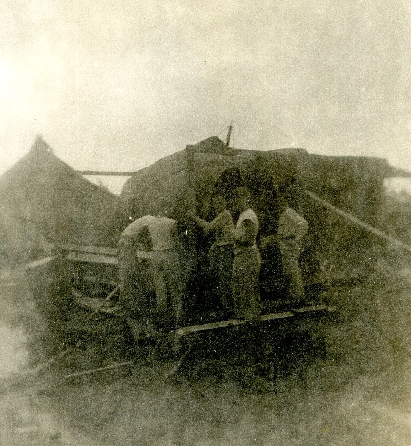 Group of Servicemen on Wooden Platform Before Tent, Ie Shima, WWII Photo Album