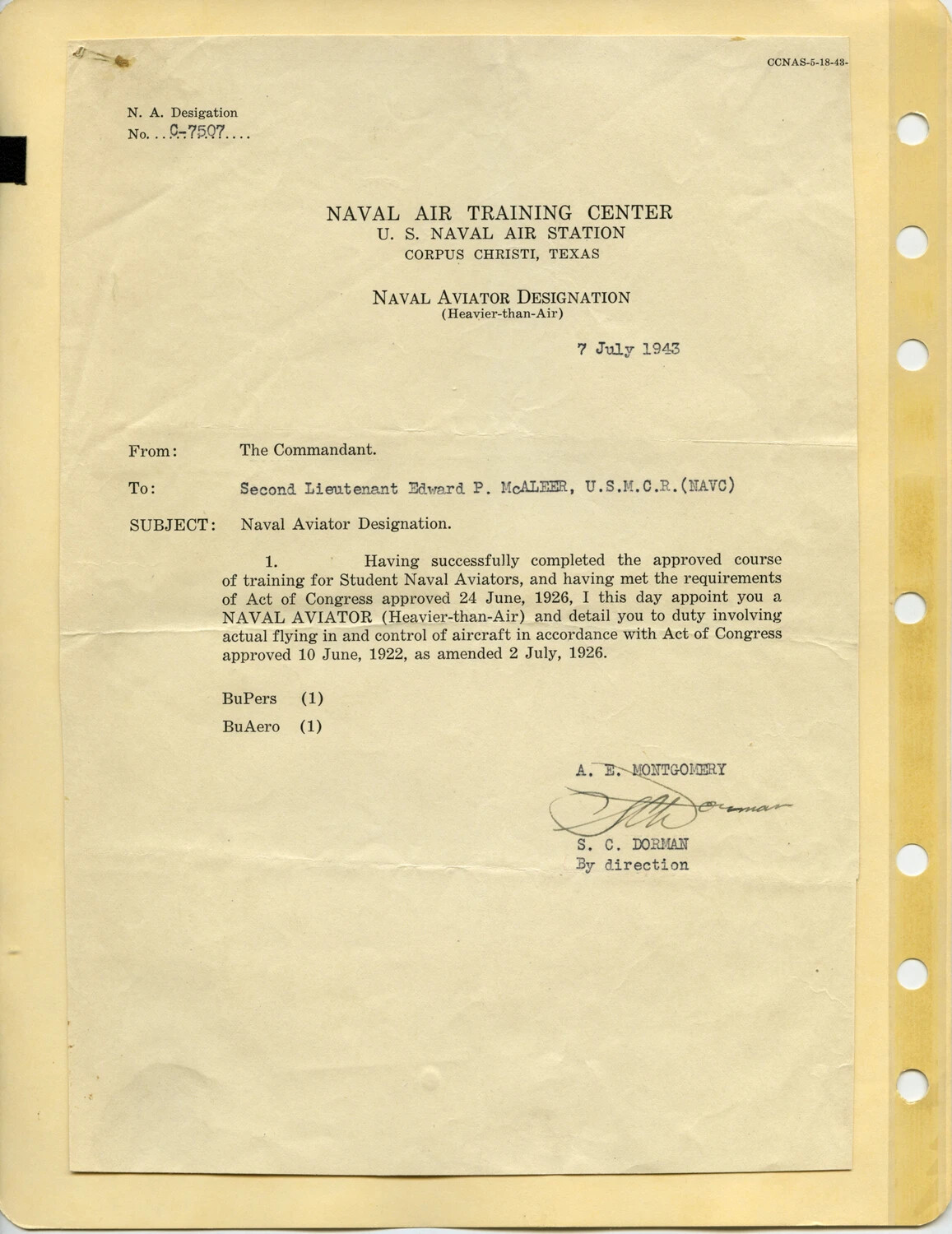 Naval Aviator Designation Letter for 2nd Lt. Edward P. McAleer, USMCR, Naval Air Training Center Corpus Christi, 7 July 1943