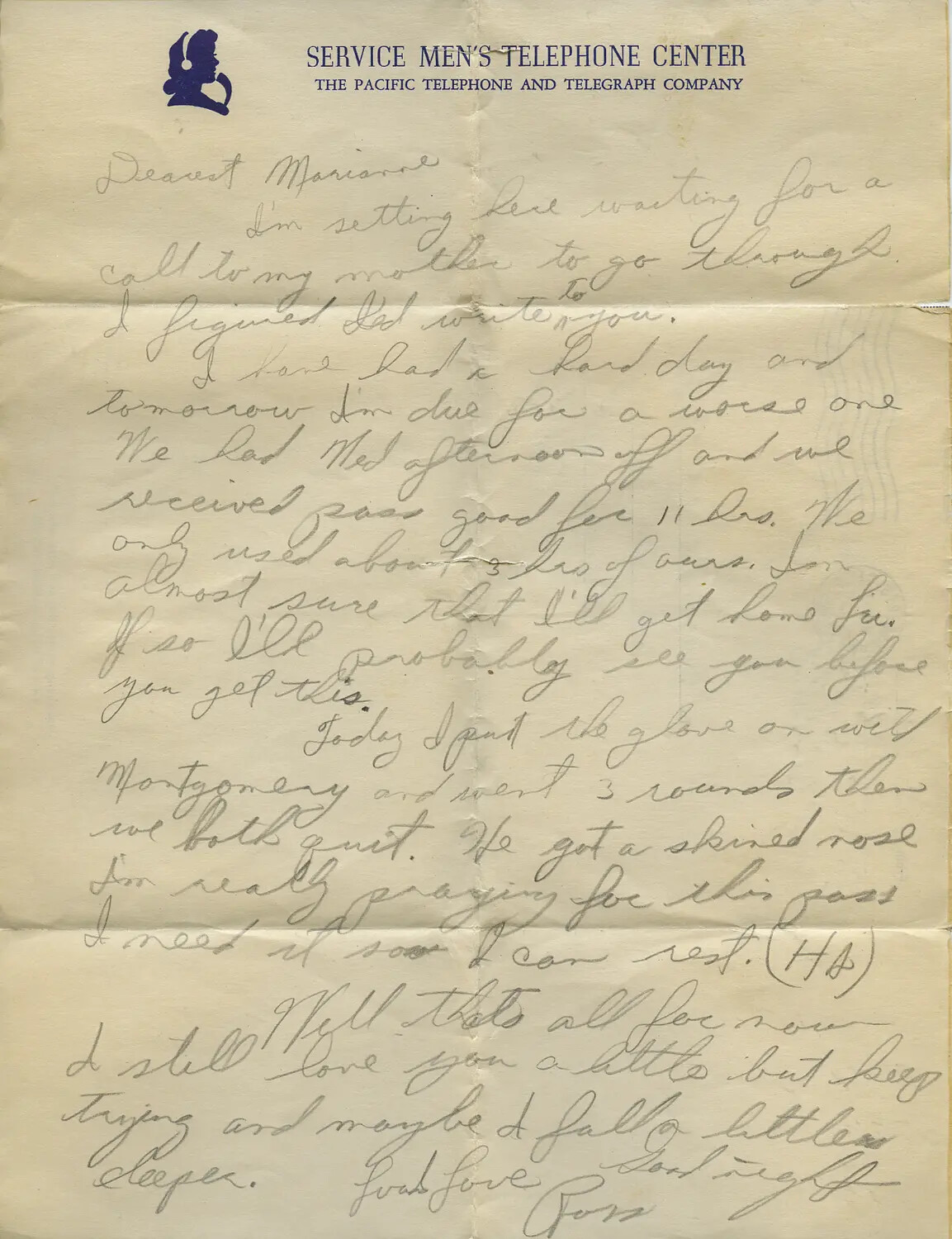 Handwritten Letter to 'Dearest Marianne' on Service Men's Telephone Center Stationery, WWII
