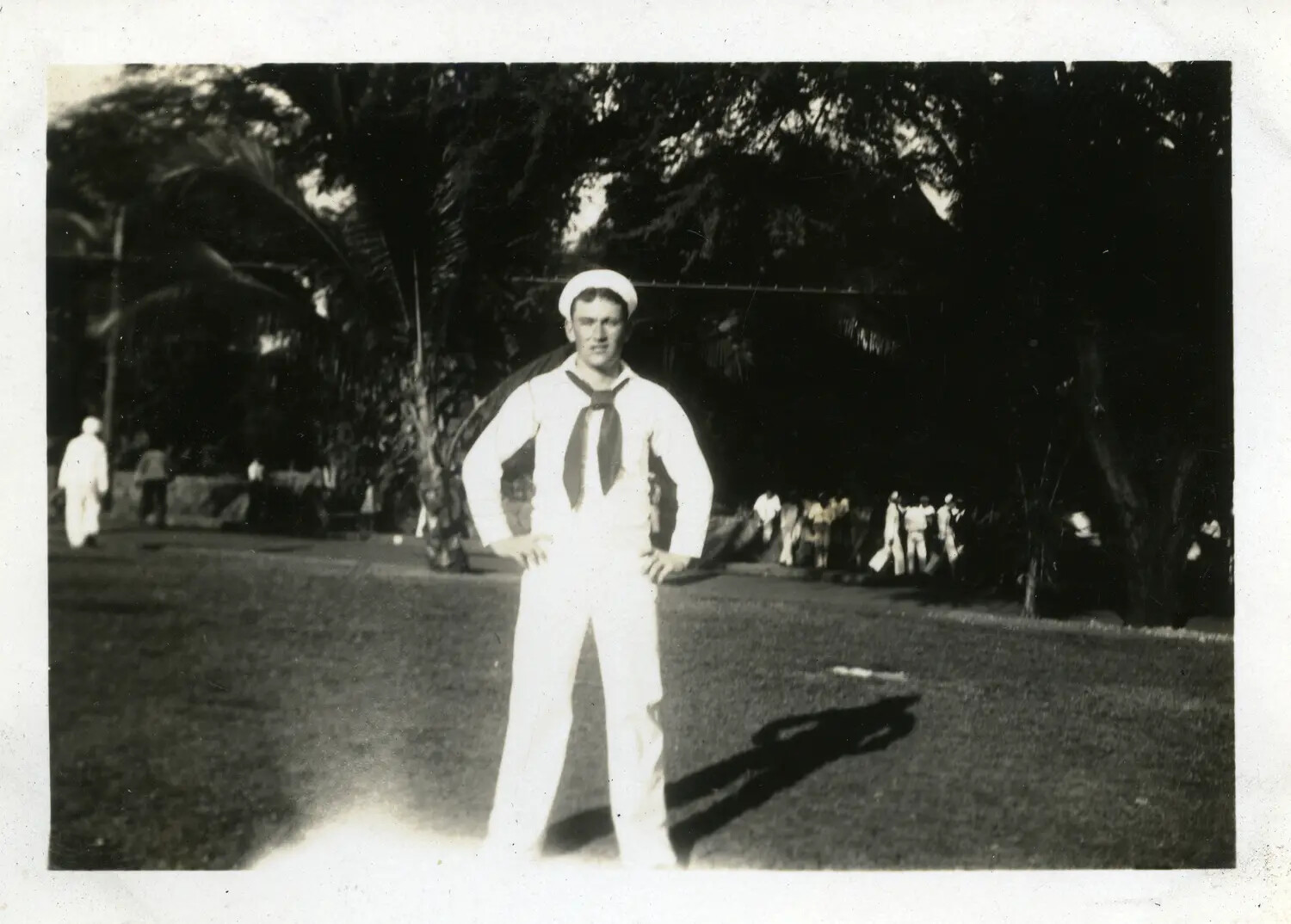 U.S. Navy Sailor in Dress Whites on Liberty, Tropical Port, 1930s