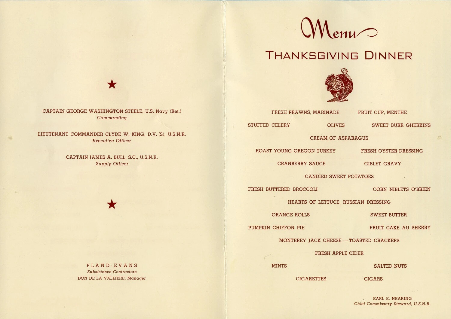 U.S. Navy Thanksgiving Dinner Menu, WWII Era -- McAleer Family Collection