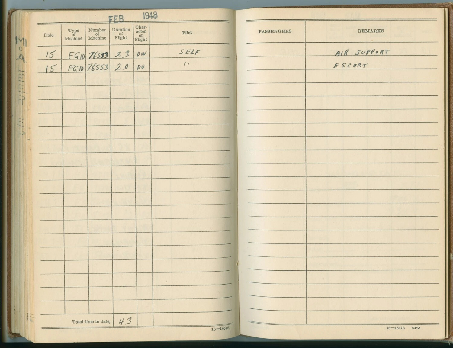 Pilot's Flight Log Book Page, February 1948 - FG-1D Corsair Flights