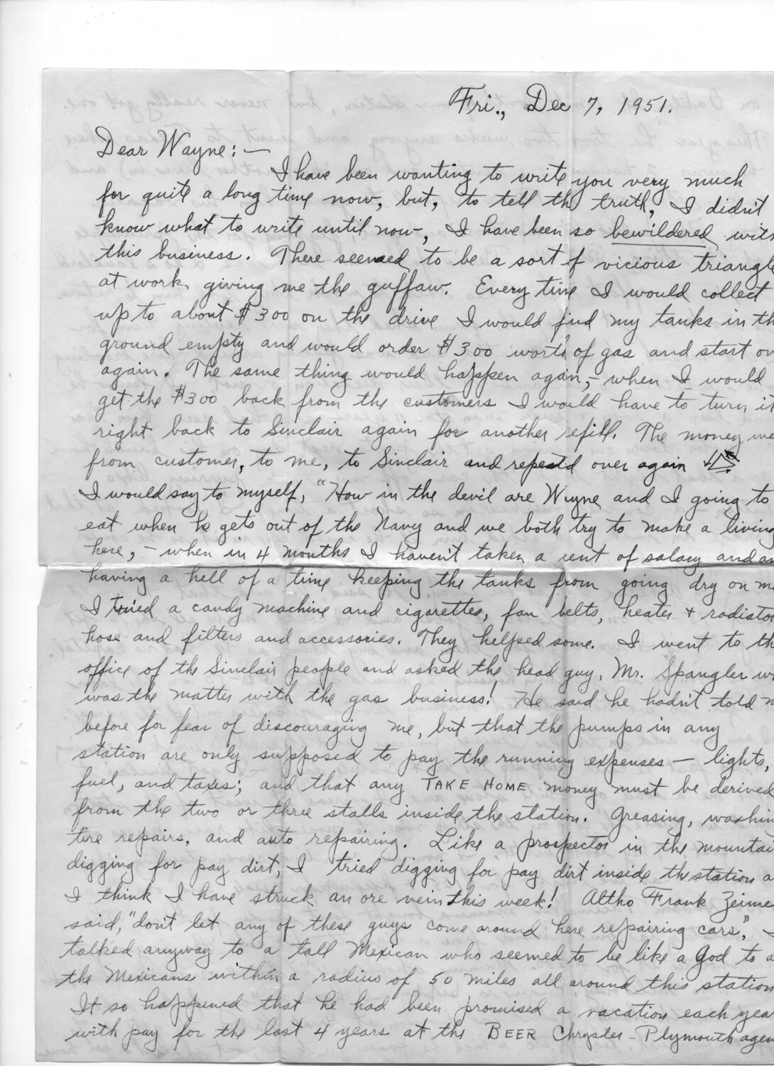 Handwritten Letter to Wayne Bancroft Regarding Family Gas Station Business, December 7, 1951 — Lt. Bancroft Korean War Collection