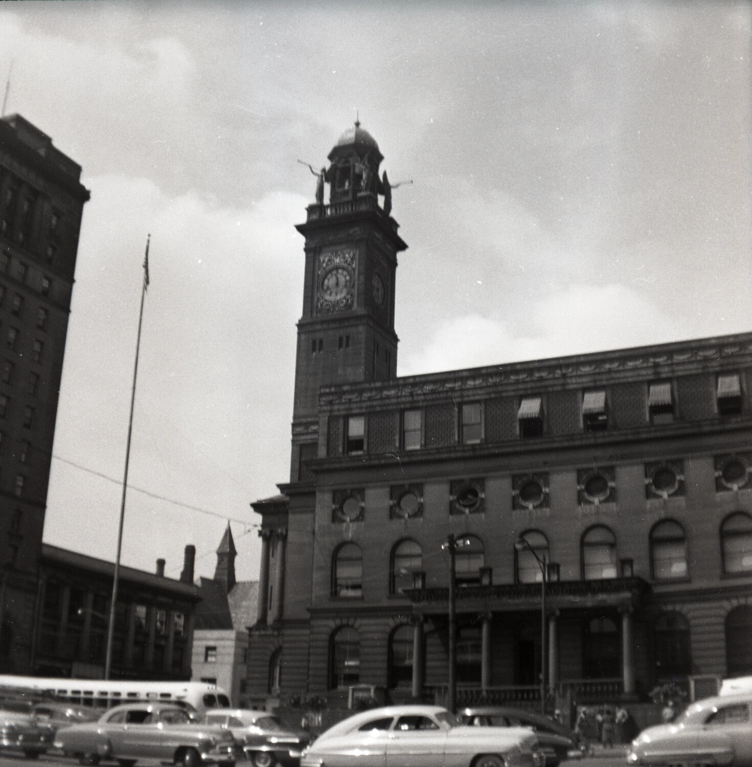 Municipal Clock Tower Building with Street Traffic, Early 1950s