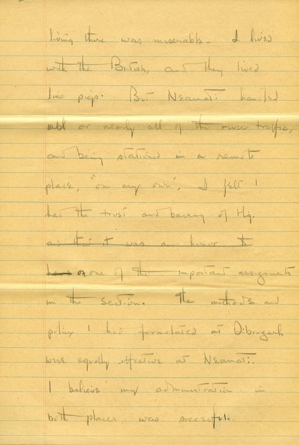 Handwritten Draft Memoir Page, U.S. Army Transportation/Movement Control Officer, CBI Theater, WWII (Page 047) - Life and Duty at Neamati River Port
