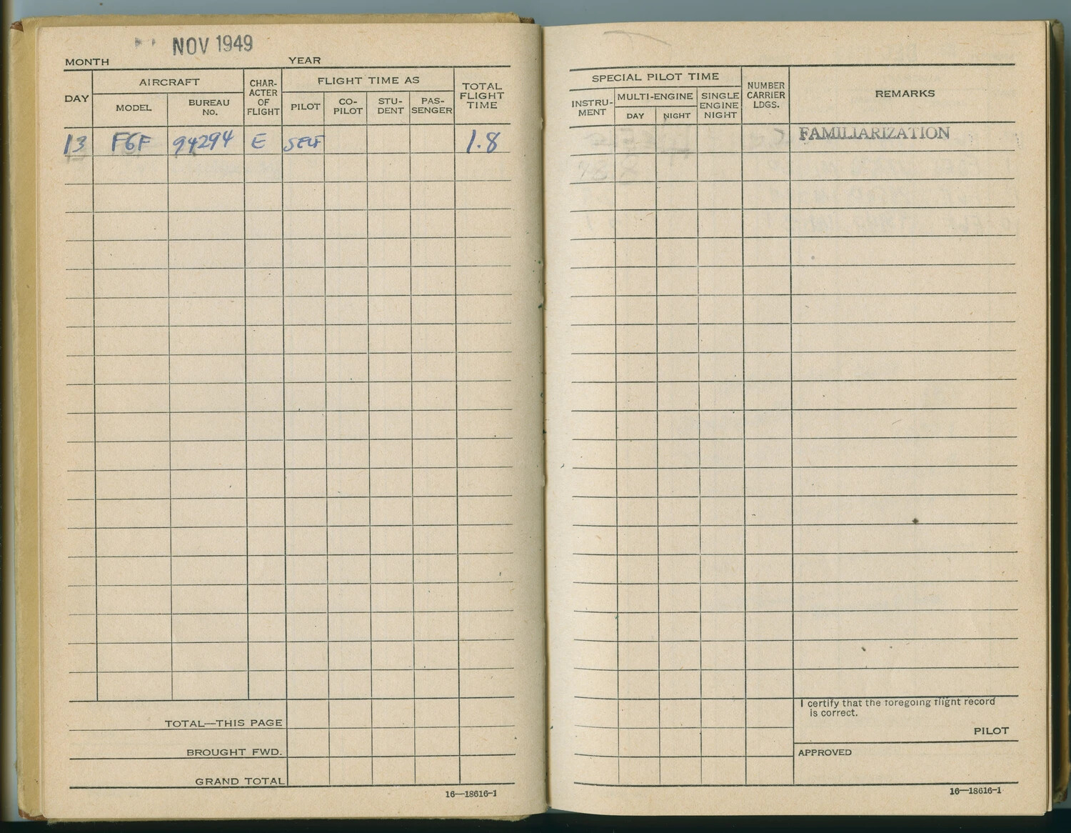 Naval Aviator's Flight Log Book, F6F Hellcat Familiarization Entry, November 1949