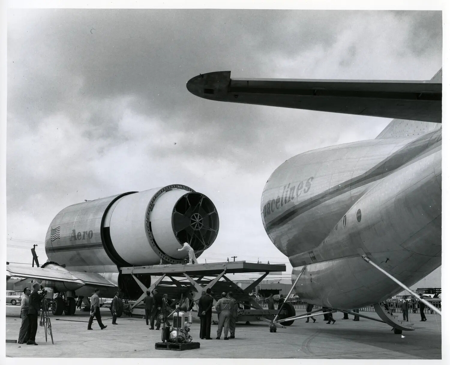 Aero Spacelines Guppy Aircraft with Swing-Tail Open During Rocket Stage Loading Operation