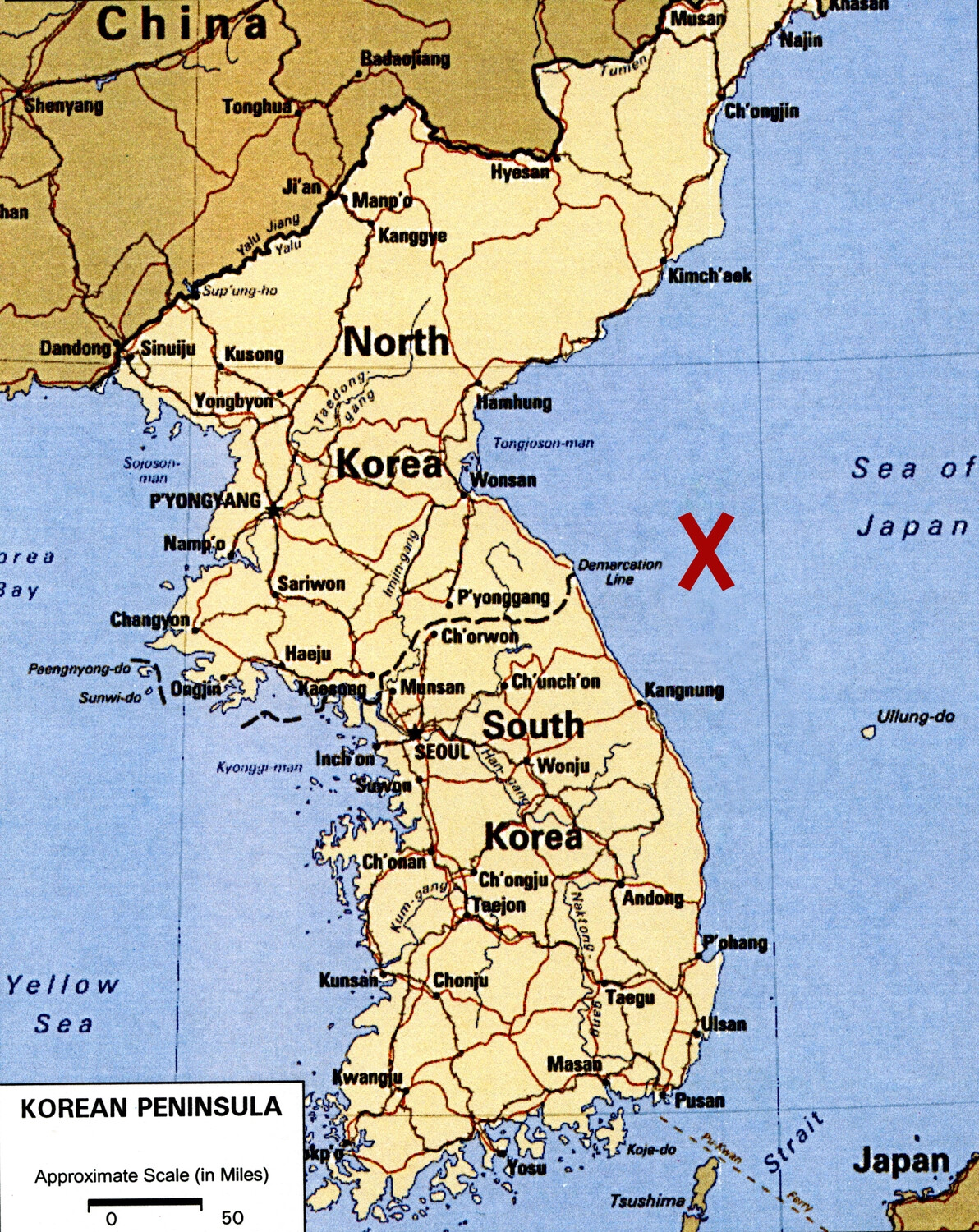 Annotated Reference Map of the Korean Peninsula with Marked Location, East Coast (Lt. Bancroft Collection)