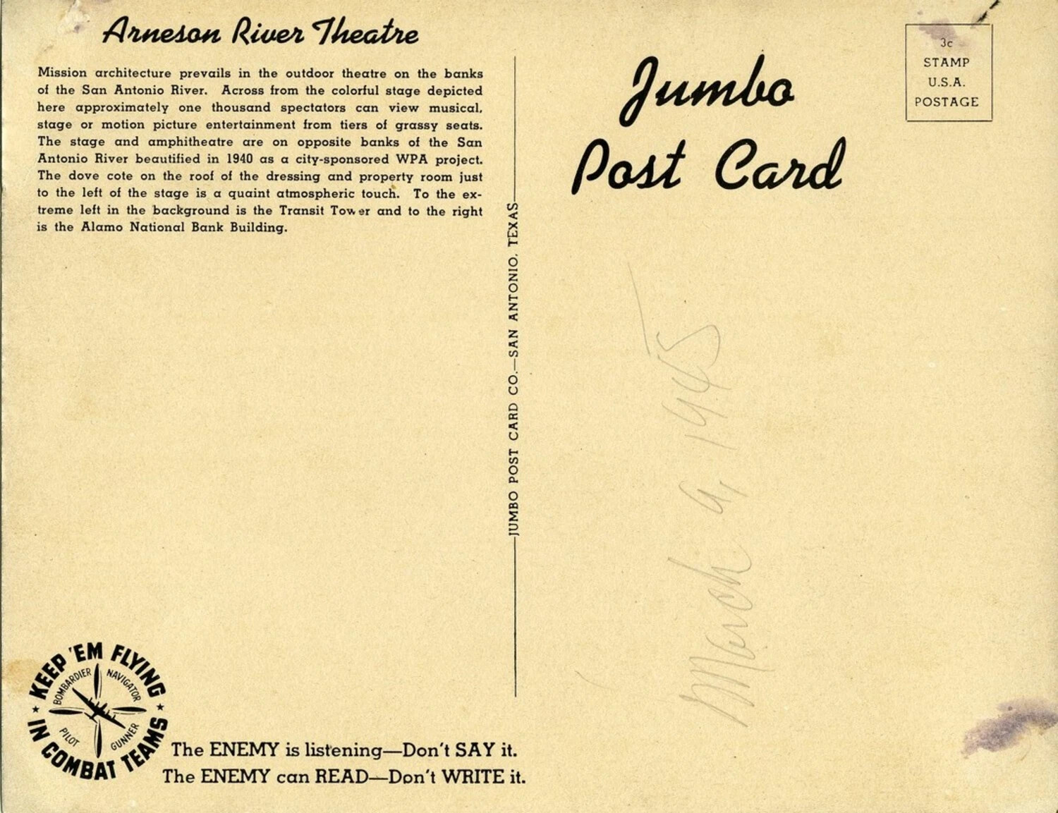 WWII-Era "Jumbo Post Card" Reverse, Arneson River Theatre, San Antonio, Texas, with "Keep 'Em Flying" Wartime Security Emblem