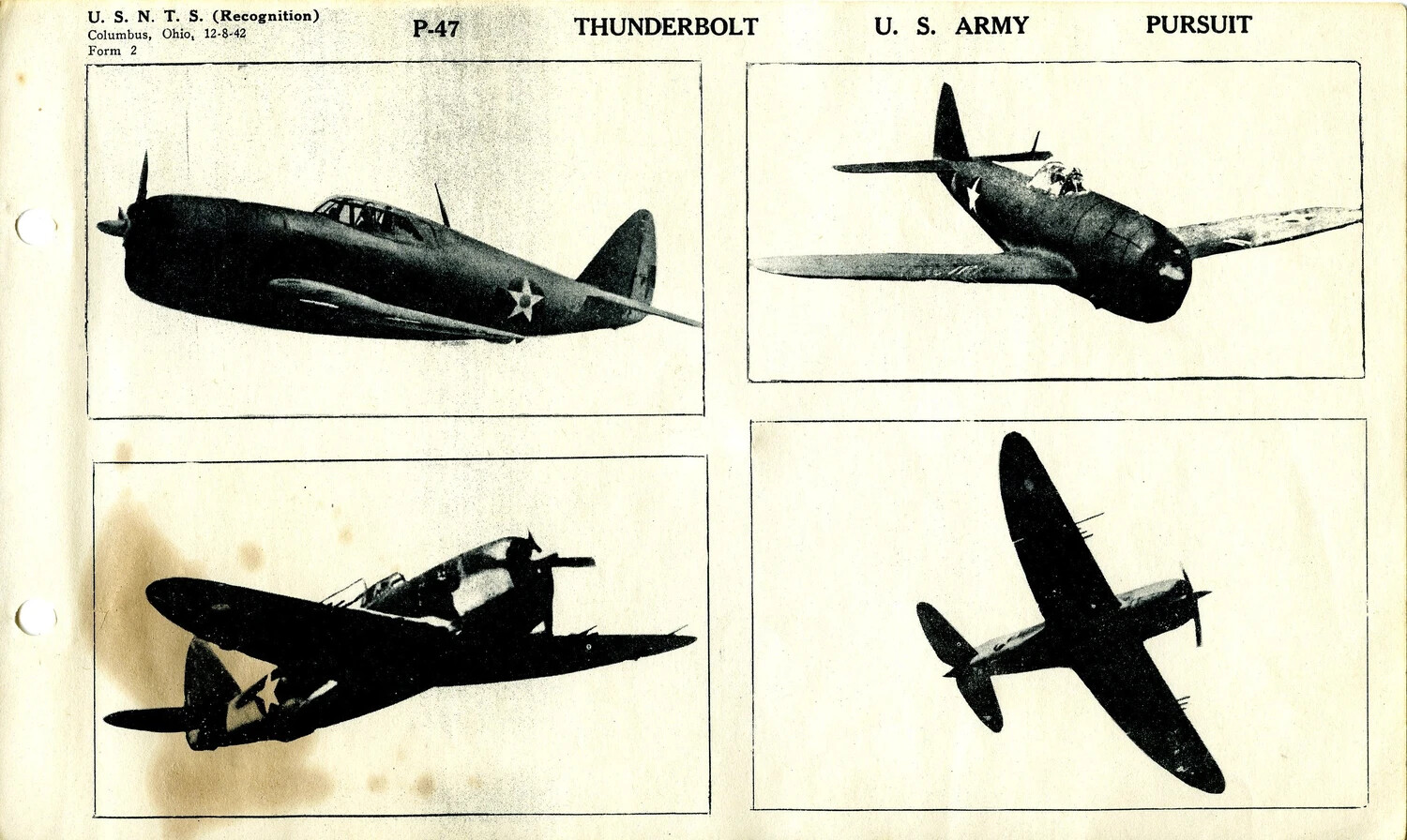 U.S.N.T.S. Aircraft Recognition Training Card: Republic P-47 Thunderbolt, Form 2, Columbus Ohio, December 8, 1942