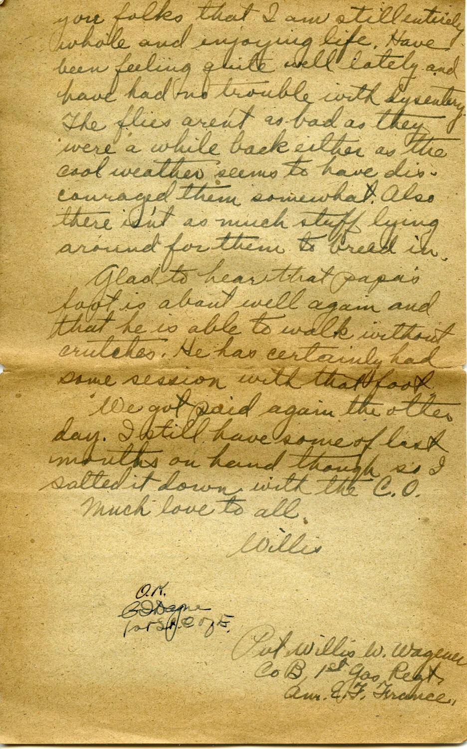WWI Letter, Page 2 – Pvt. Willis W. Wagener, Co. B, 1st Gas Regiment, A.E.F., France