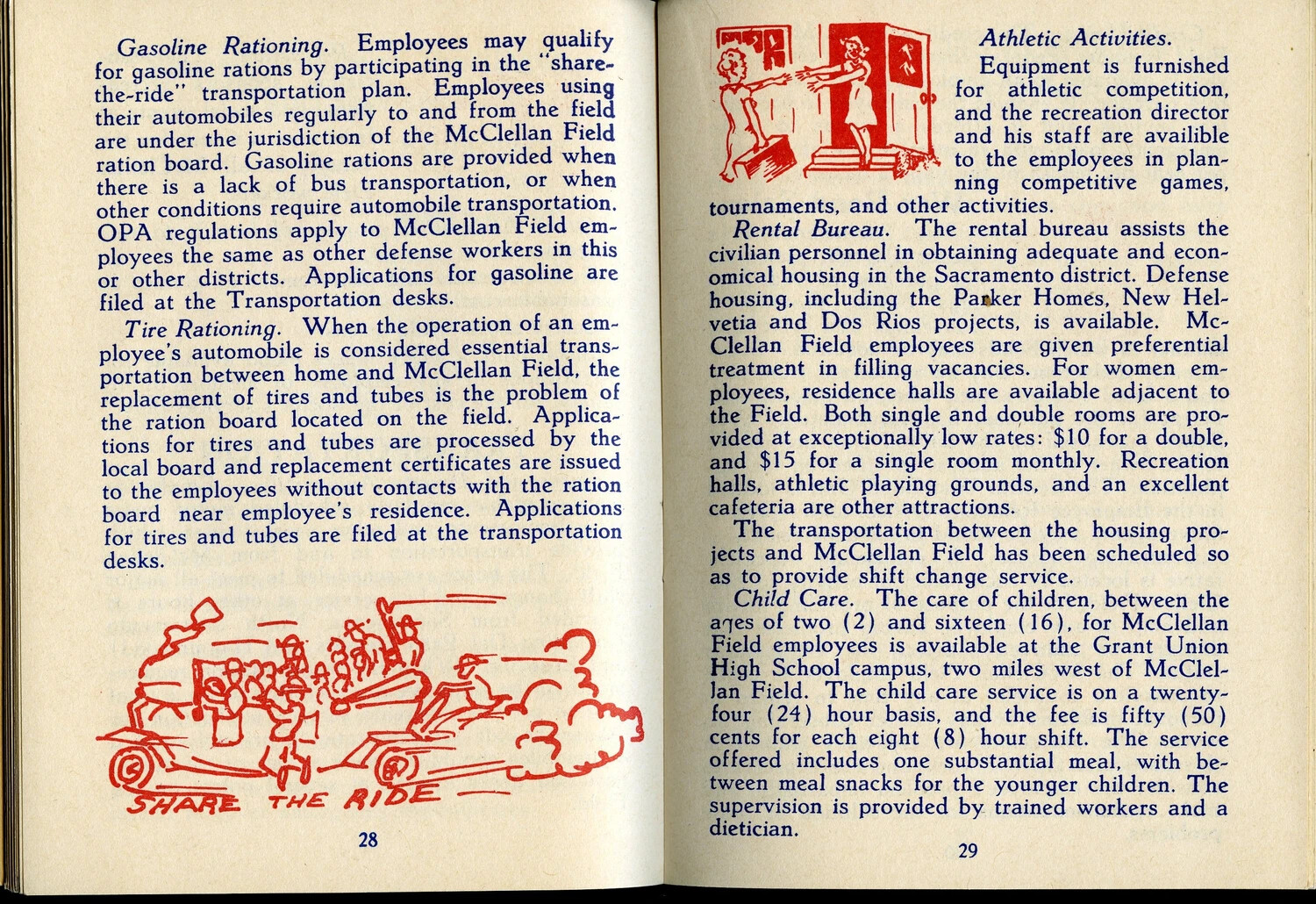 McClellan Field Employee Guide Booklet, Pages 28-29: Rationing, Recreation, and Housing
