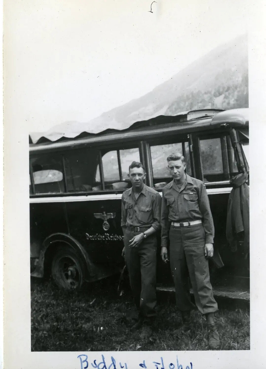 American Soldiers 'Buddy & John' with Captured German Bus, Alps, 44th Infantry Division WWII Collection