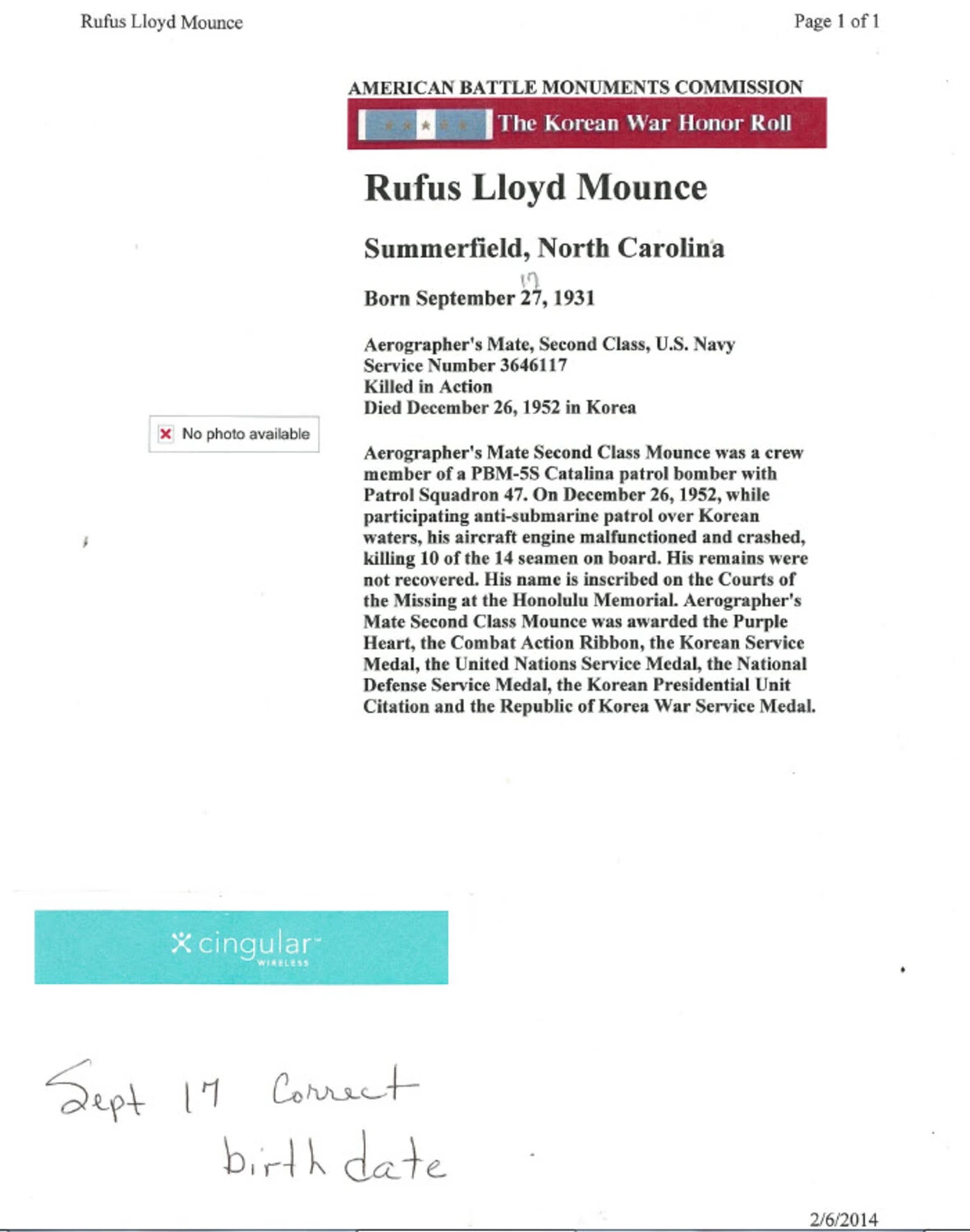 American Battle Monuments Commission Korean War Honor Roll Record: Rufus Lloyd Mounce