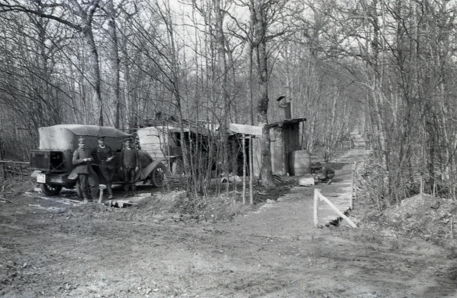 German Soldiers Beside Motor Truck at Forest Encampment, WWI
