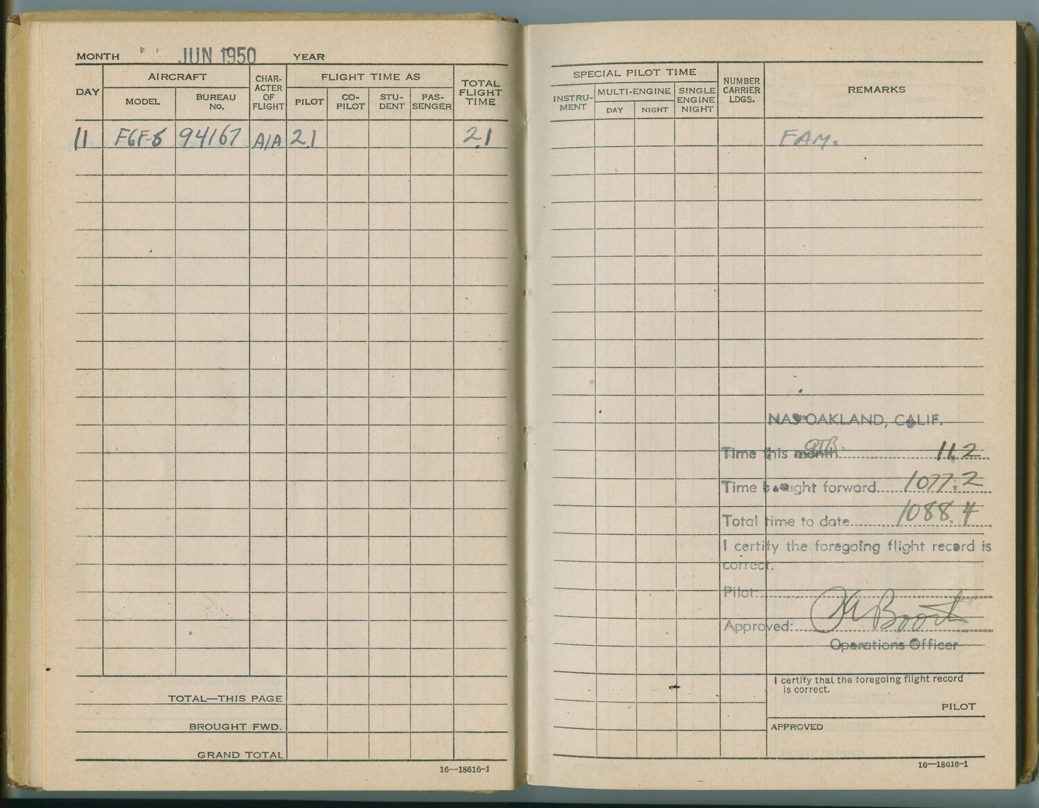 U.S. Navy Pilot's Flight Logbook, June 1950 — F6F-5 Hellcat Entry (NAS Oakland)