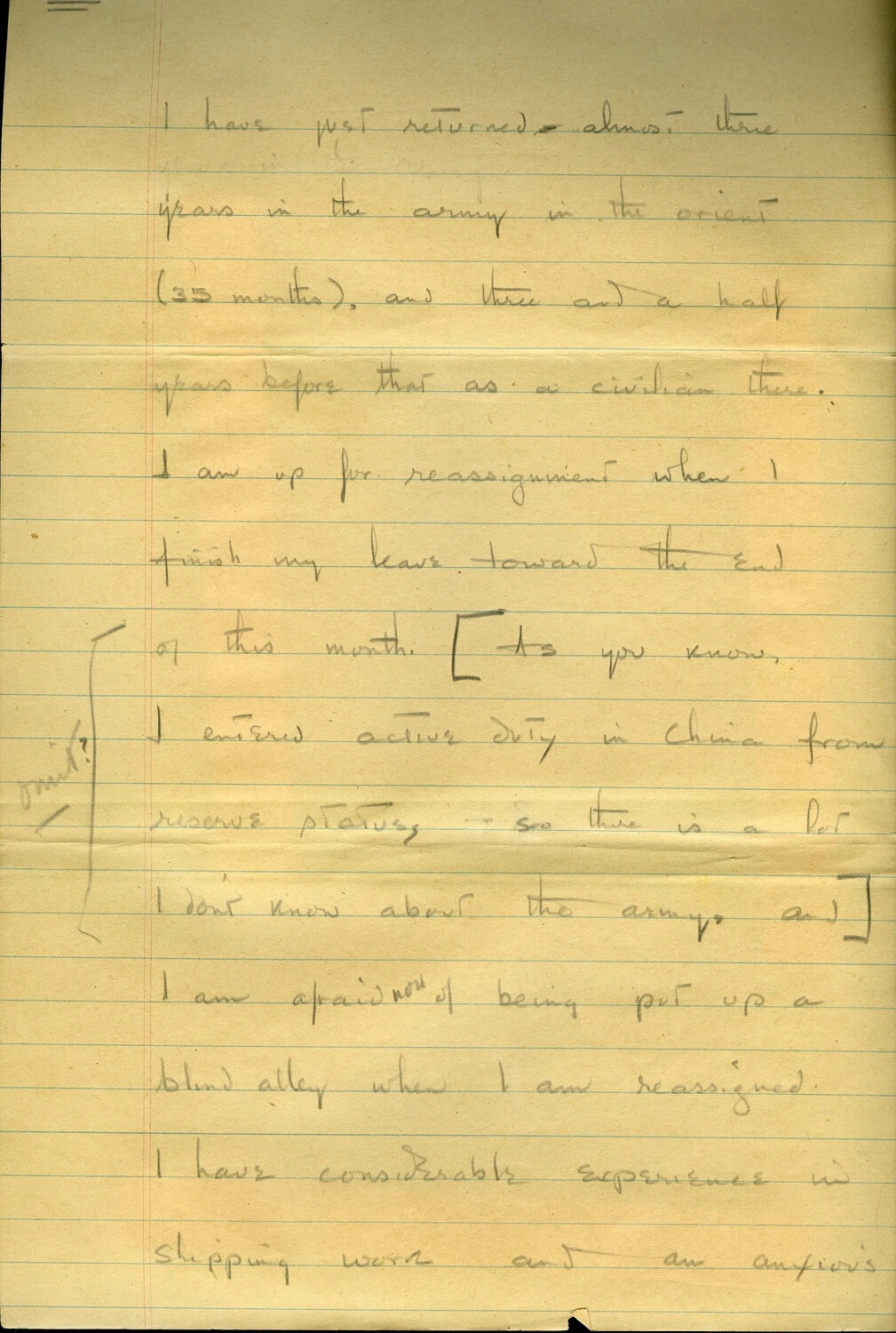 Handwritten Draft Letter – CBI/China Veteran Discussing Reassignment and Postwar Shipping Career Prospects