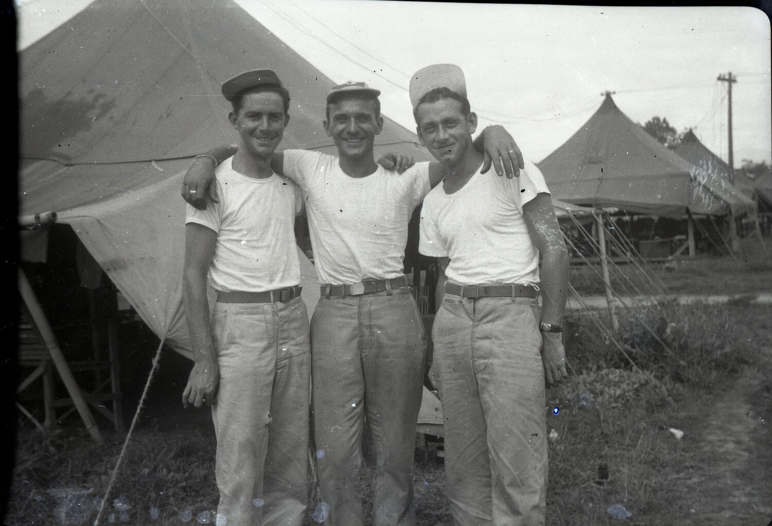 Three Airmen of the 345th Bomb Group at Tent Camp, Ie Shima — WWII Pacific Theater