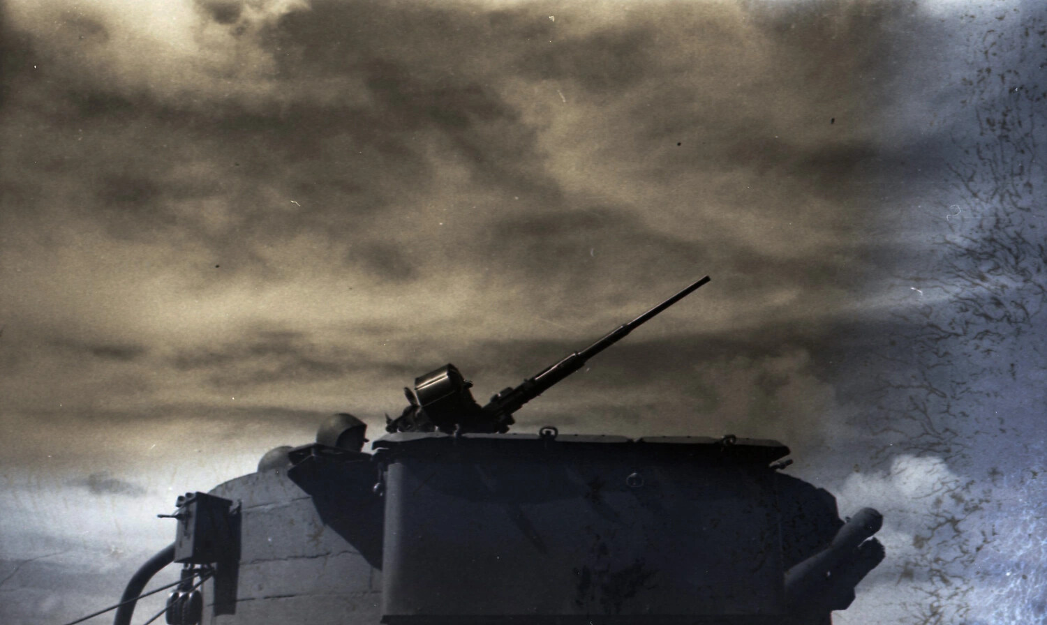 Armored Vehicle with Anti-Aircraft Machine Gun Mount Under Storm Clouds - CBI Theater