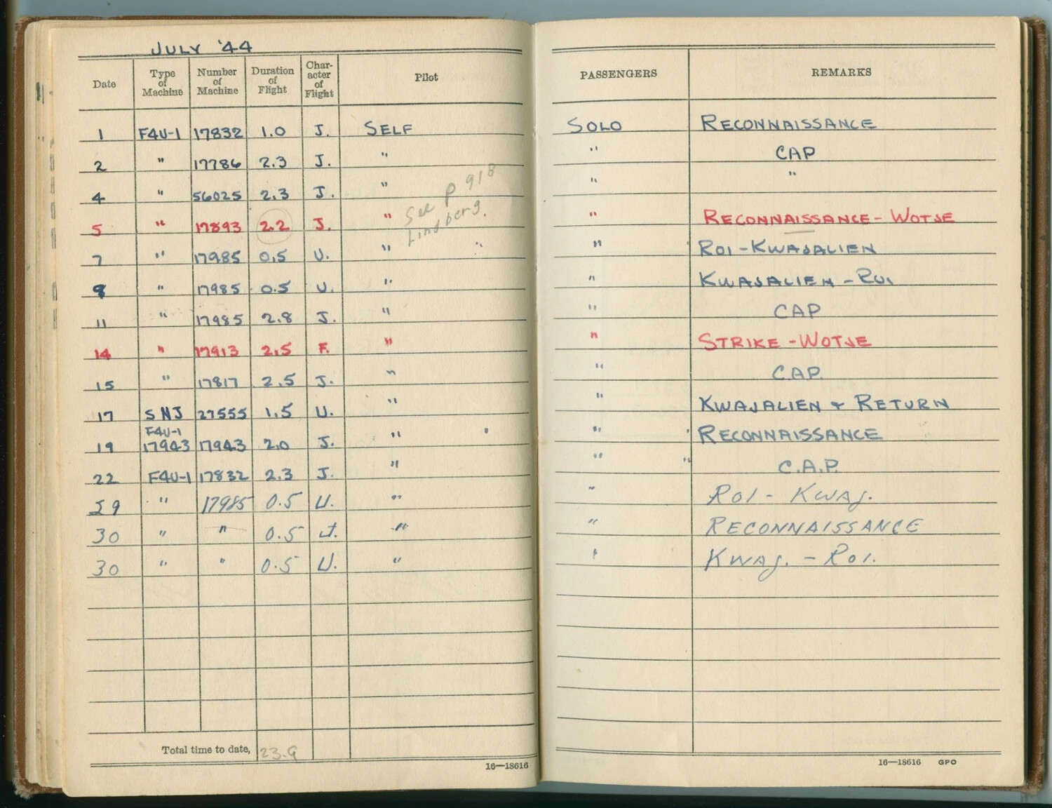 WWII Naval Aviator's Flight Log Book, July 1944 — F4U-1 Corsair Missions Over Wotje and Kwajalein, Marshall Islands