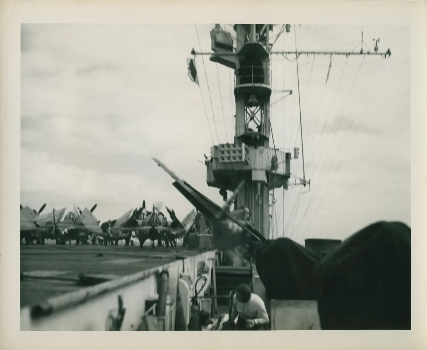 USS Petrof Bay (CVE-80) Island Superstructure and Flight Deck with Parked Corsairs, WWII Pacific Theater