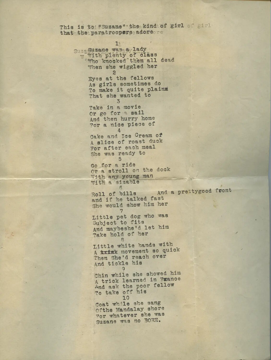 Typewritten Humorous Poem "Suzane" — WWII Paratrooper Correspondence