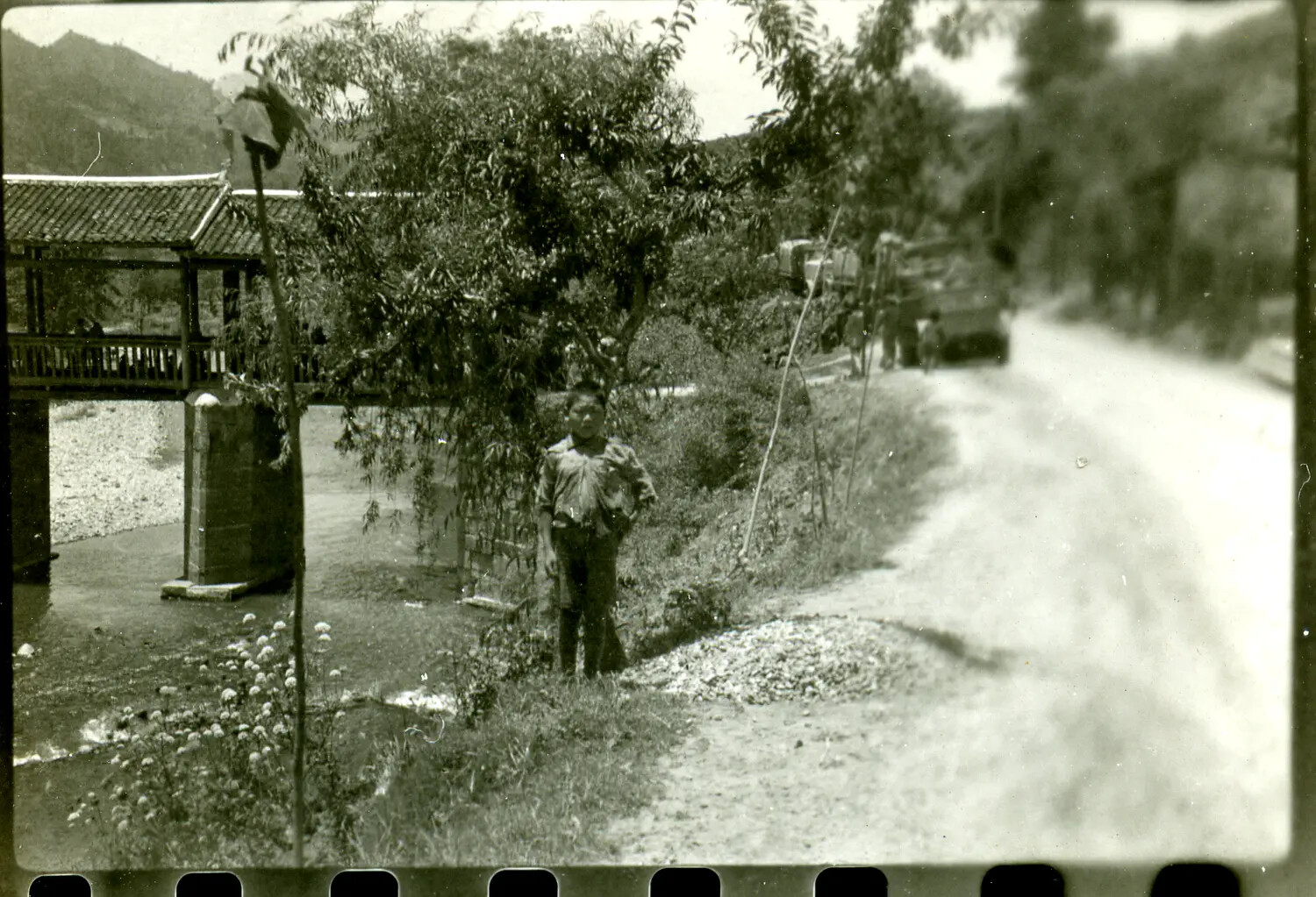 Covered Bridge and Military Convoy in Rural China, WWII China-Burma-India Theater