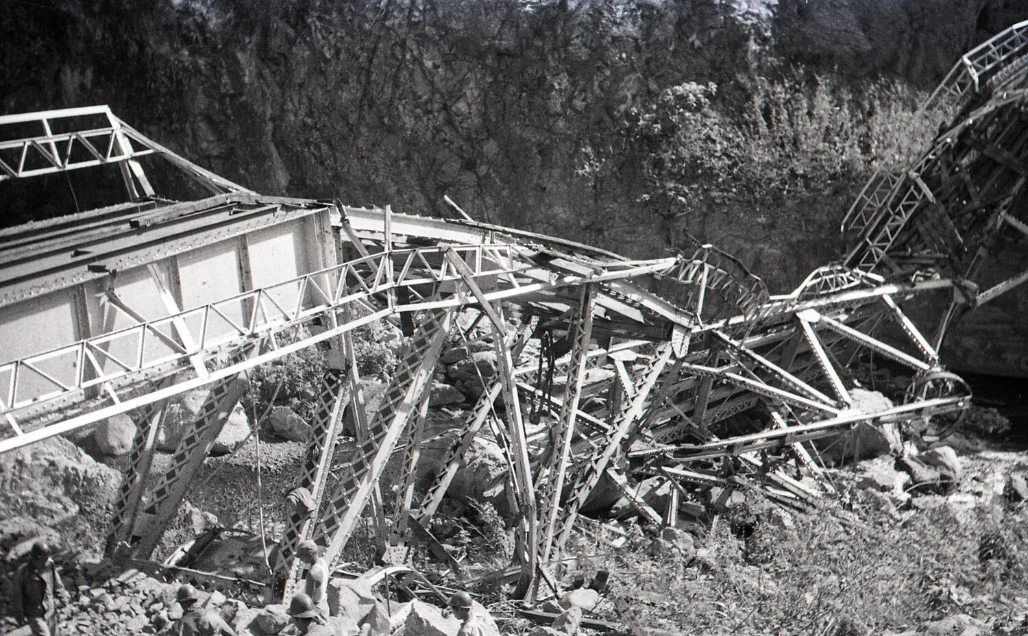 Close View of Demolished Steel Bridge Wreckage with Soldiers, Luzon, Philippines, World War II
