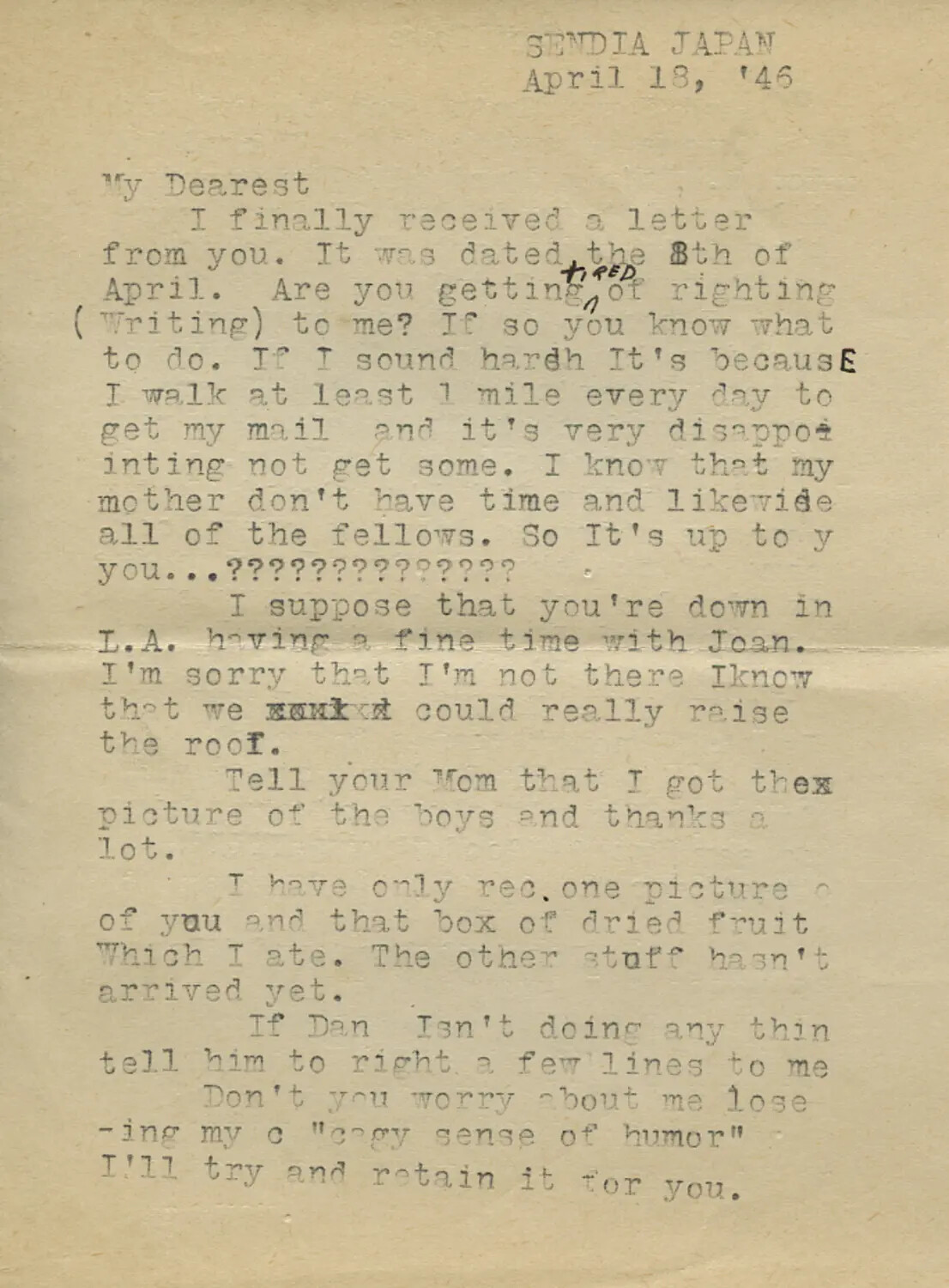 Personal Letter from Sendai, Japan, dated April 18, 1946 - Moon/Sammiet Correspondence Collection
