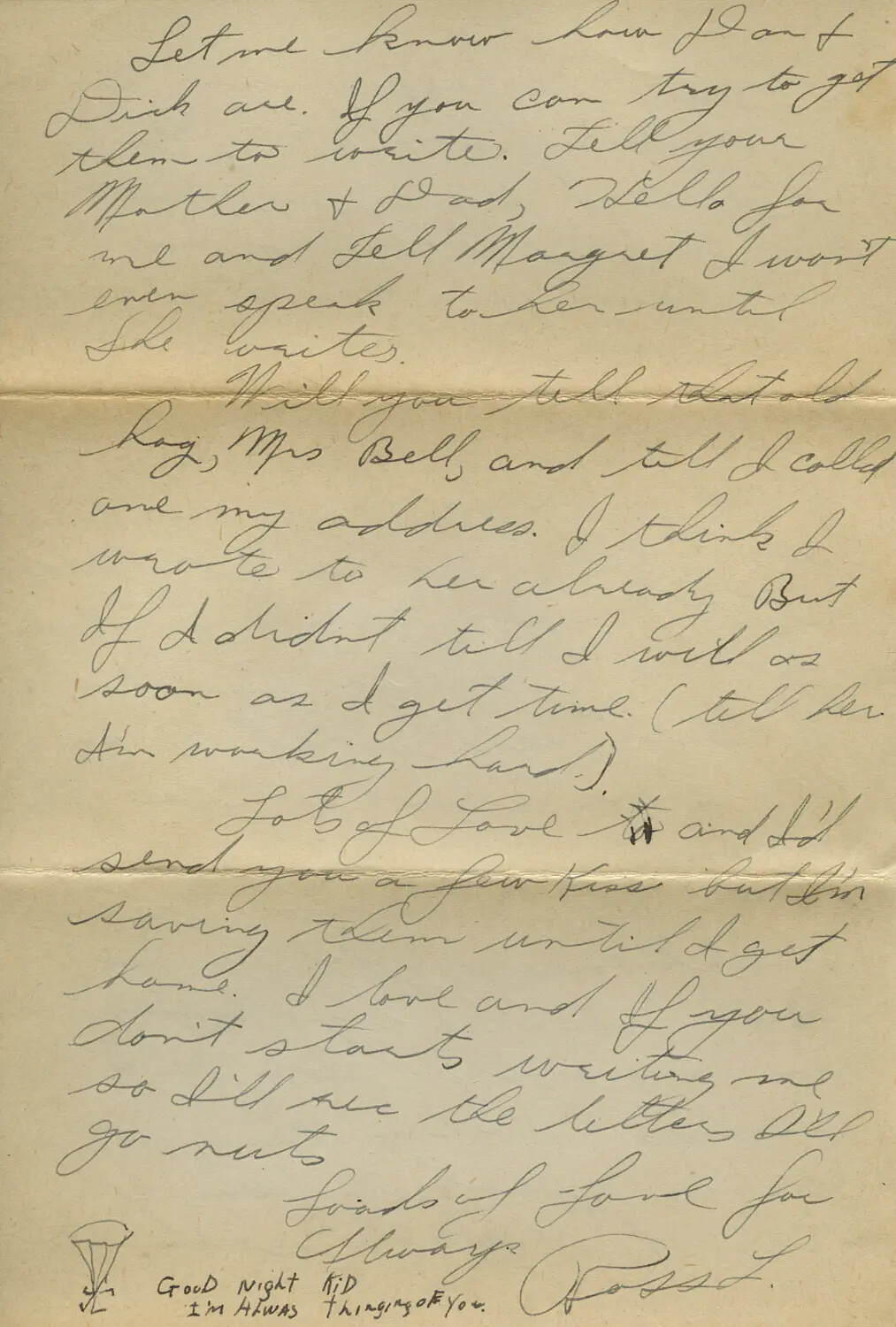 WWII-Era Handwritten Personal Letter with Parachute Doodle, 'Good Night Kid'