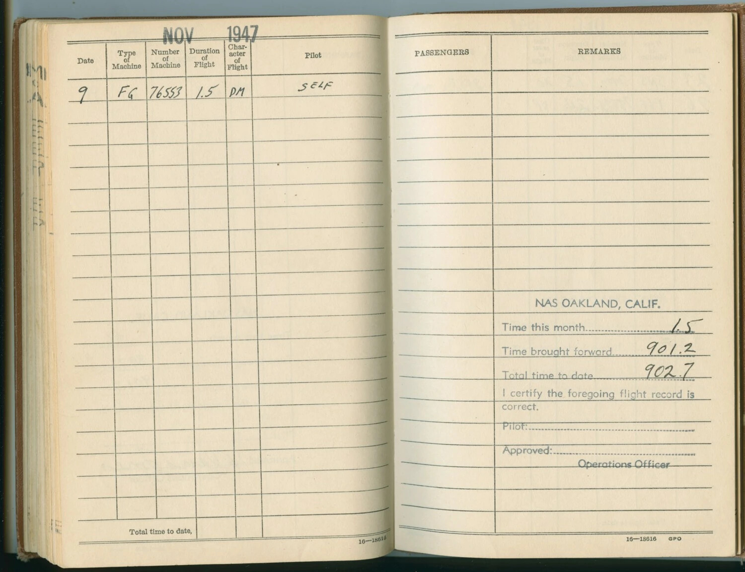 Pilot Flight Logbook Page, NAS Oakland - November 1947 Entry, McAleer Collection
