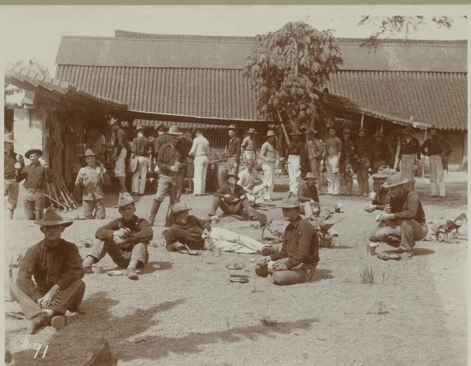 American Soldiers at Mealtime in a Garrison Courtyard, Philippine-American War Era, c. 1898-1902