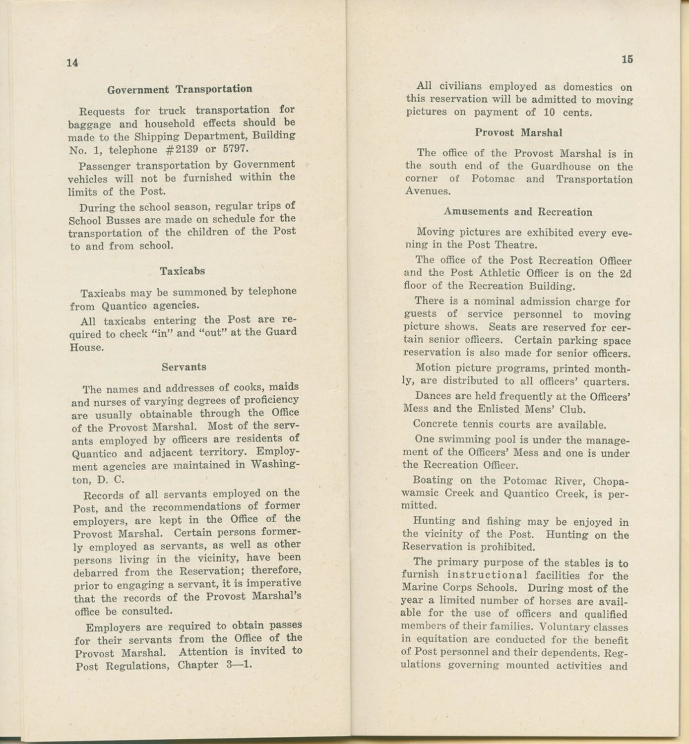 Quantico Marine Base Personal/Post Guide Booklet, Pages 14-15