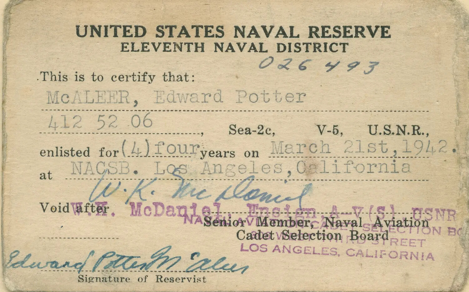 U.S. Naval Reserve Enlistment Certificate for Edward Potter McAleer, V-5 Aviation Cadet Program, 1942