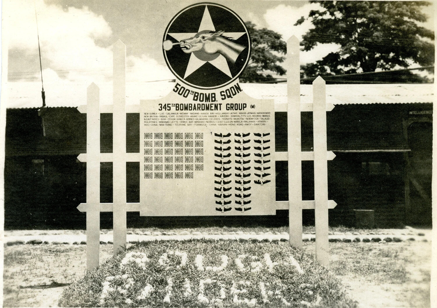 500th Bombardment Squadron / 345th Bombardment Group Unit History and Scoreboard Sign, Ie Shima, 1945