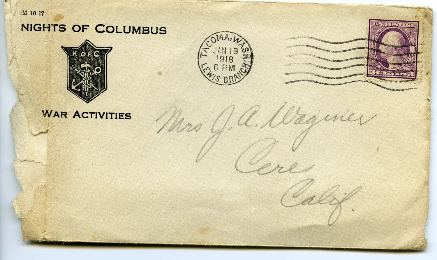 Knights of Columbus War Activities Envelope, Camp Lewis, Washington, Postmarked January 19, 1918