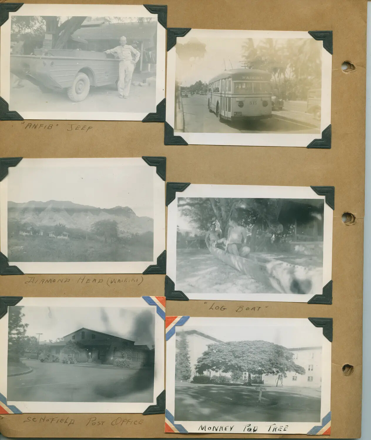 WWII Hawaii Photo Album Page: Amphibious Jeep, Waikiki Trolley Bus, Diamond Head, Log Boat Play, Schofield Post Office, and Monkeypod Tree