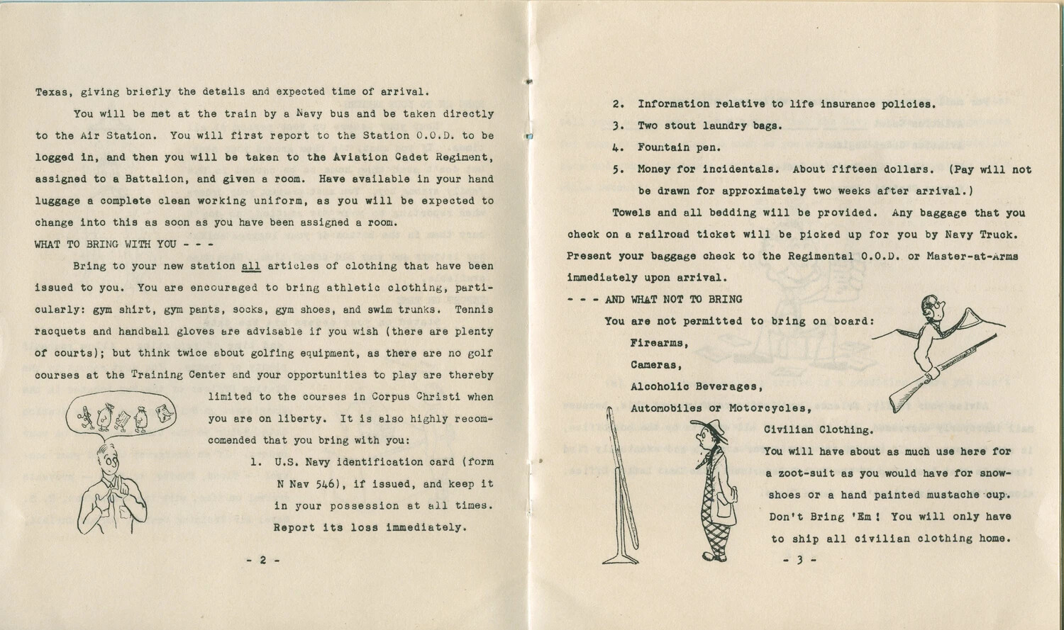 Printed Navy Orientation Booklet Pages: 'What to Bring' and 'What Not to Bring,' Pat McAleer Collection