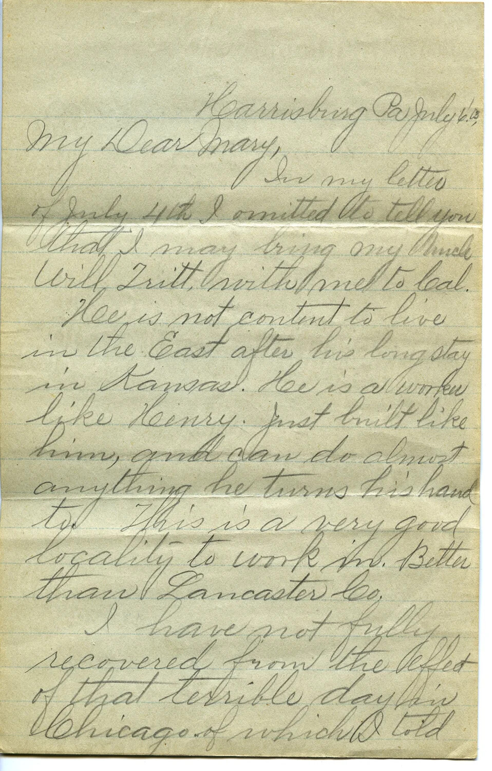 Handwritten Letter from J. A. Wagener to Mary, Harrisburg, PA, July 1903 -- Wagener Family Letters Collection