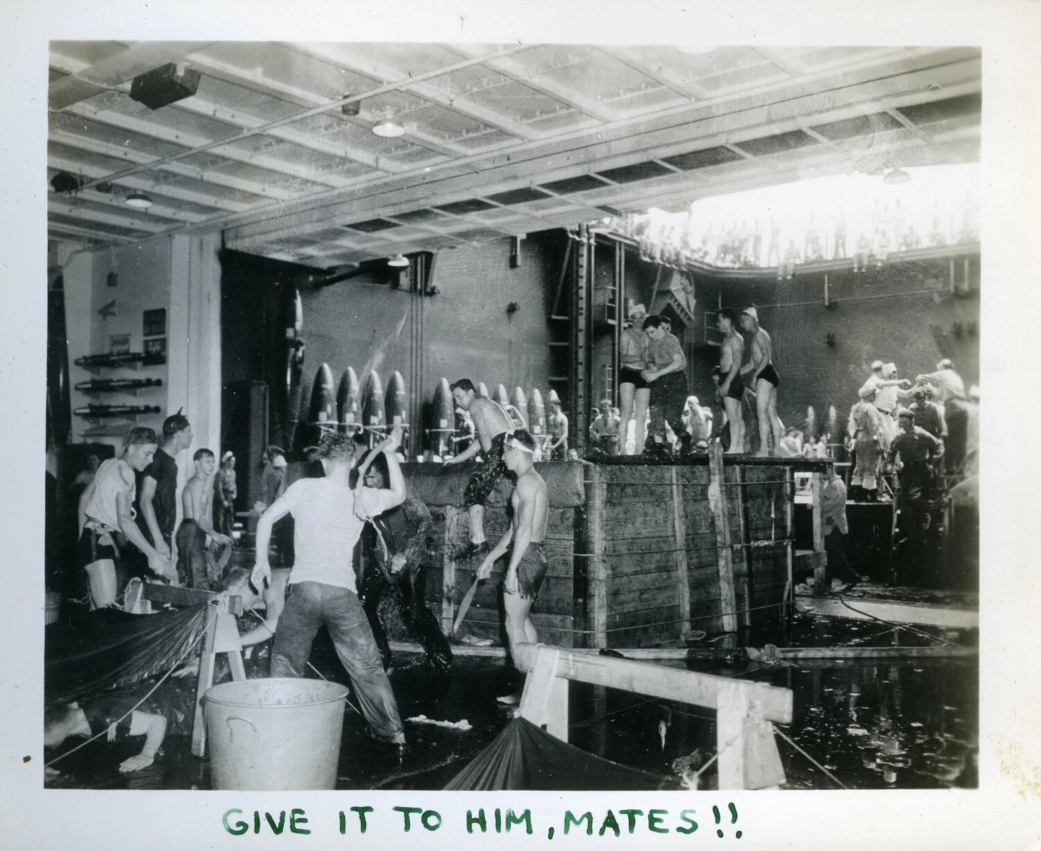 Sailors' Water Fight / Shipboard Initiation Ceremony Aboard USS Franklin D. Roosevelt (CVB-42), 'Give It To Him, Mates!!'
