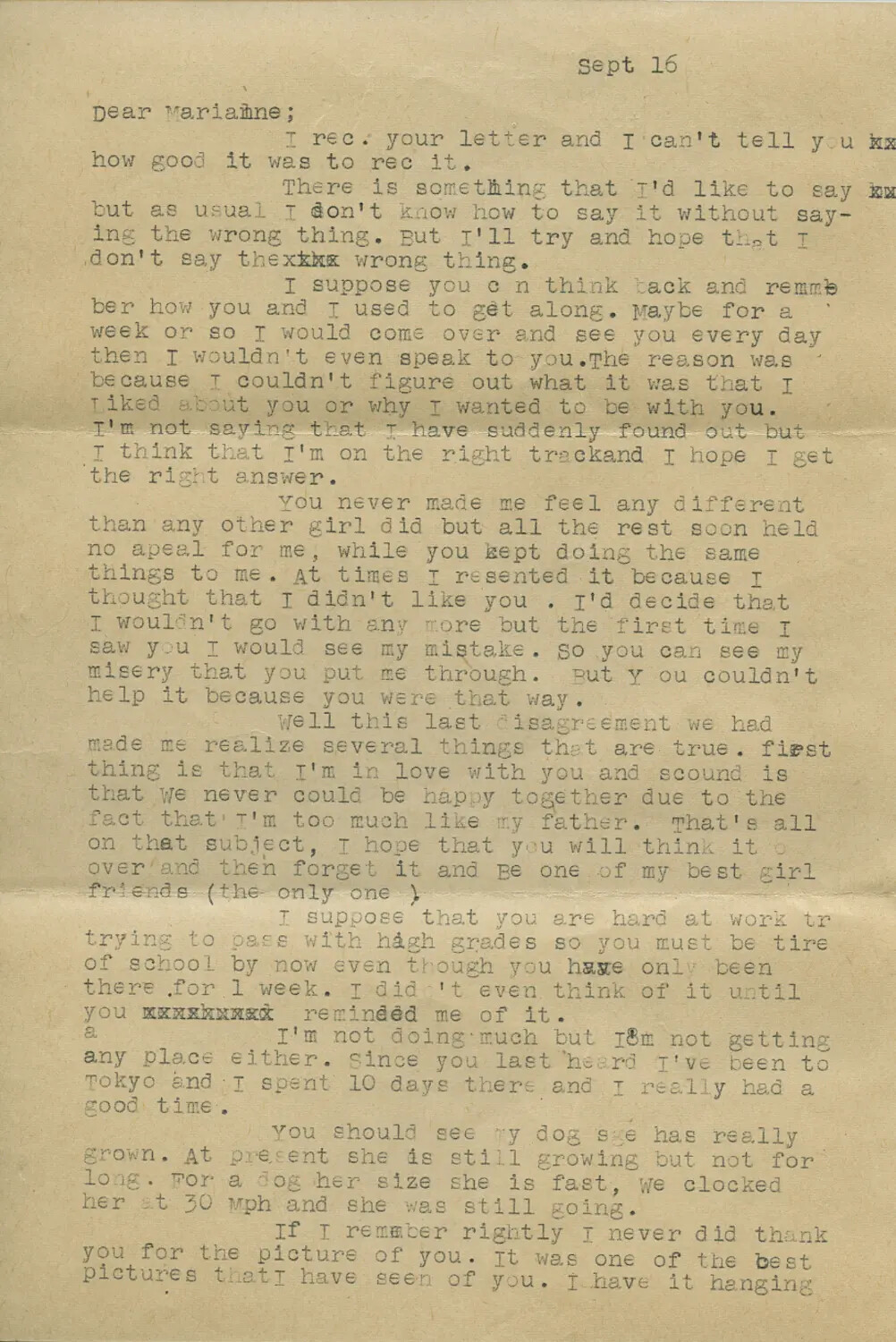 Typewritten Letter to Marianne, Sept. 16, Referencing Occupied Tokyo, Moon/Sammiet Collection