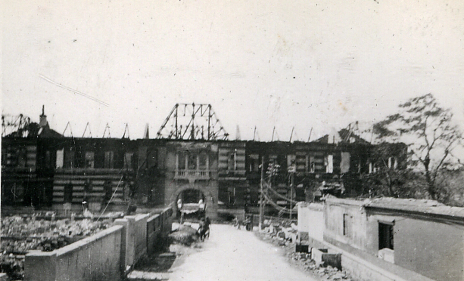 Fire-Gutted Building with Exposed Roof Trusses, Postwar Japan
