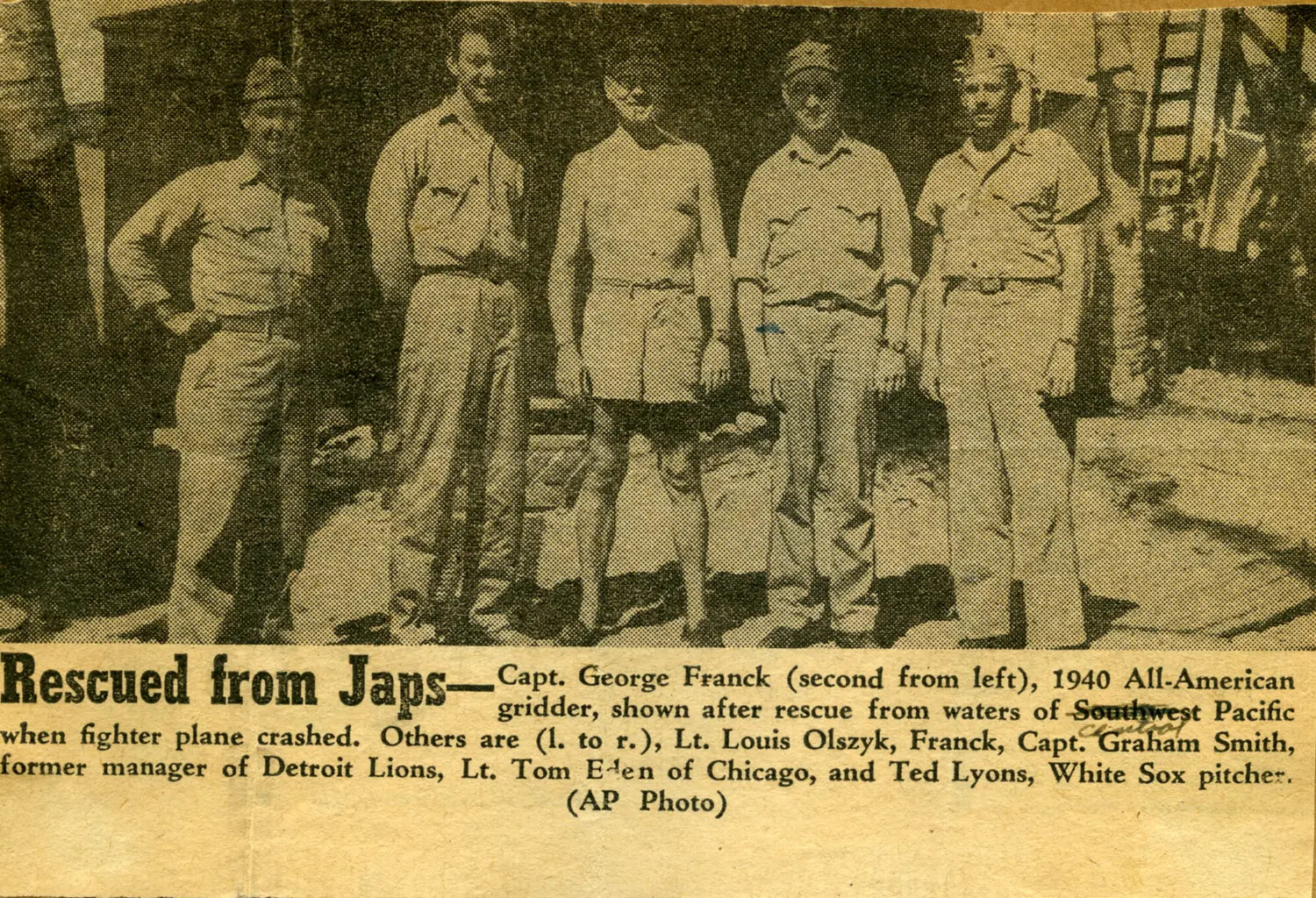 Newspaper Clipping: 'Rescued from Japs' — Capt. George Franck and Fellow Survivors, WWII Pacific