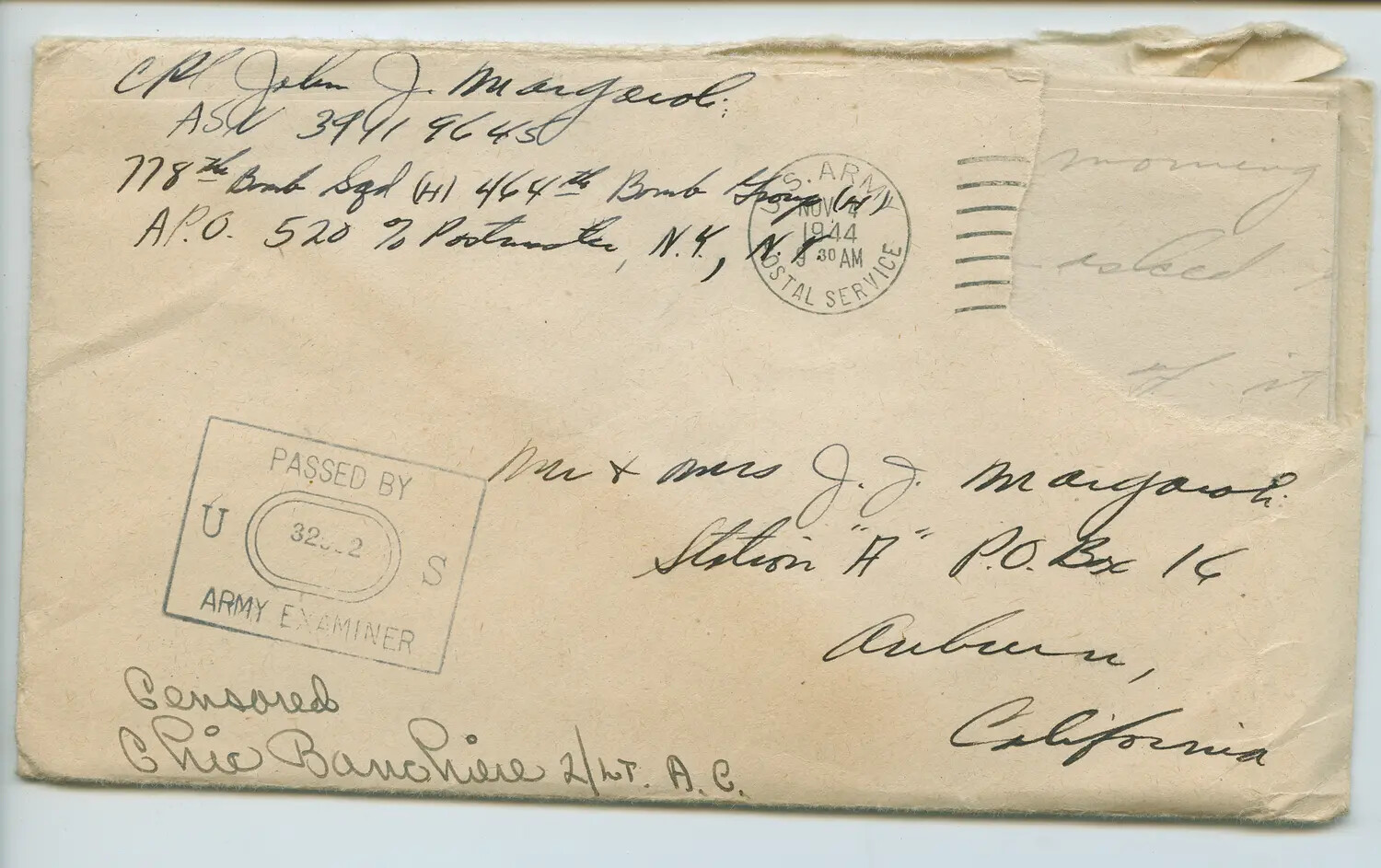 WWII Censored Mail Envelope, Cpl. John J. Margaroli, 464th Bomb Group, 1944