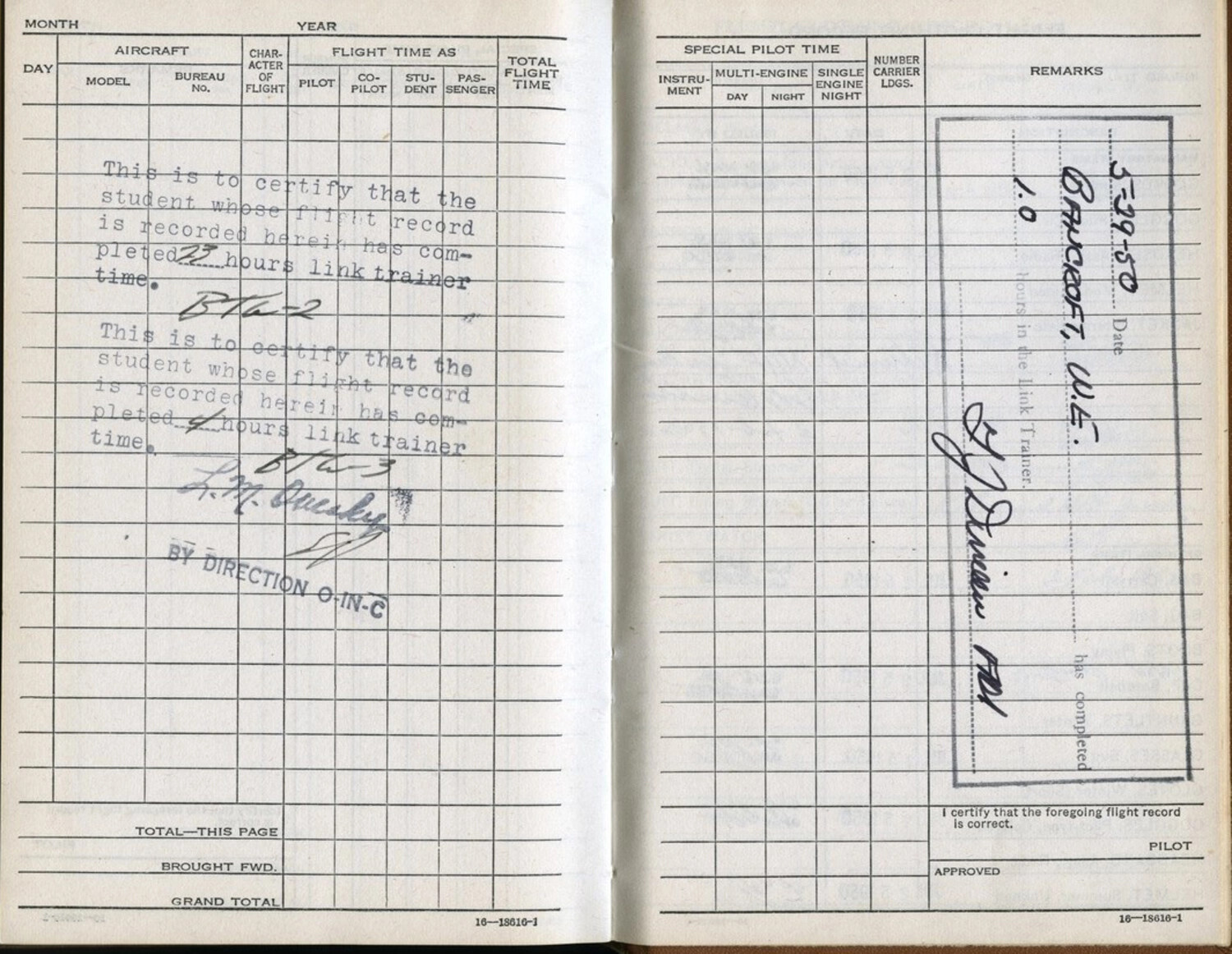 U.S. Navy Flight Logbook Pages, Link Trainer Certification for Bancroft, W.E., dated 5-29-50