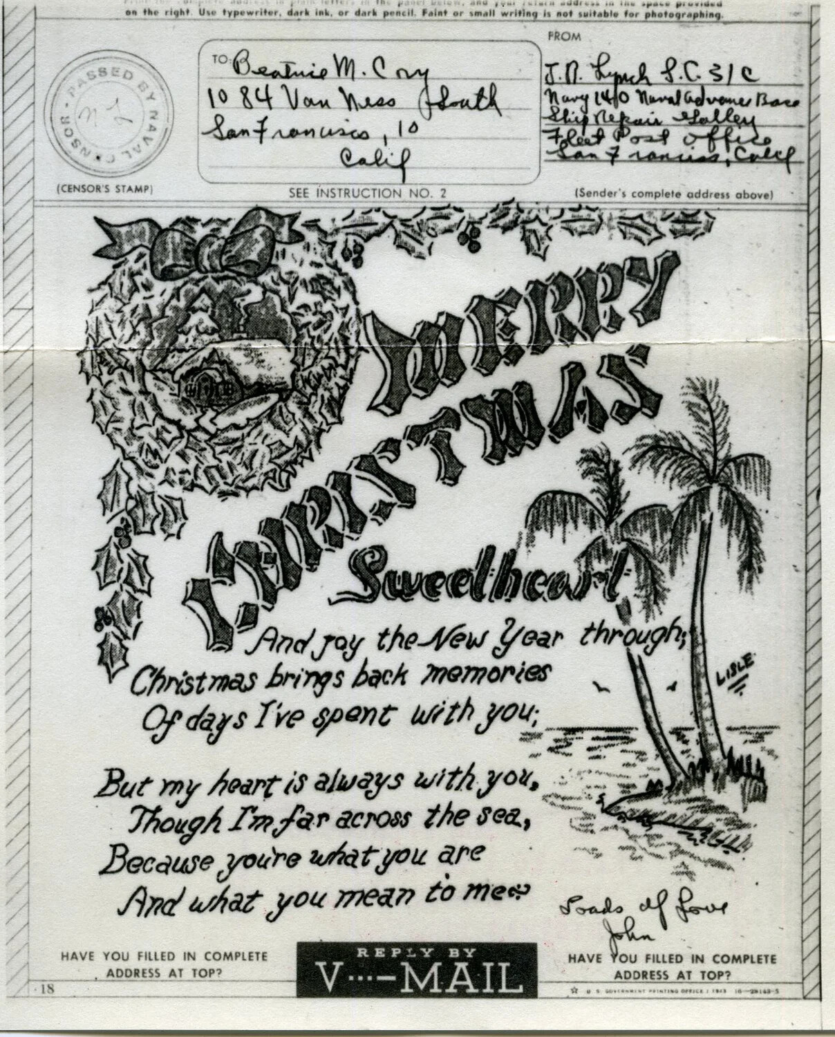 V-Mail Christmas Greeting — 'Merry Christmas Sweetheart,' J.R. Lynch S.C.3/c to Beatrice M. Cory