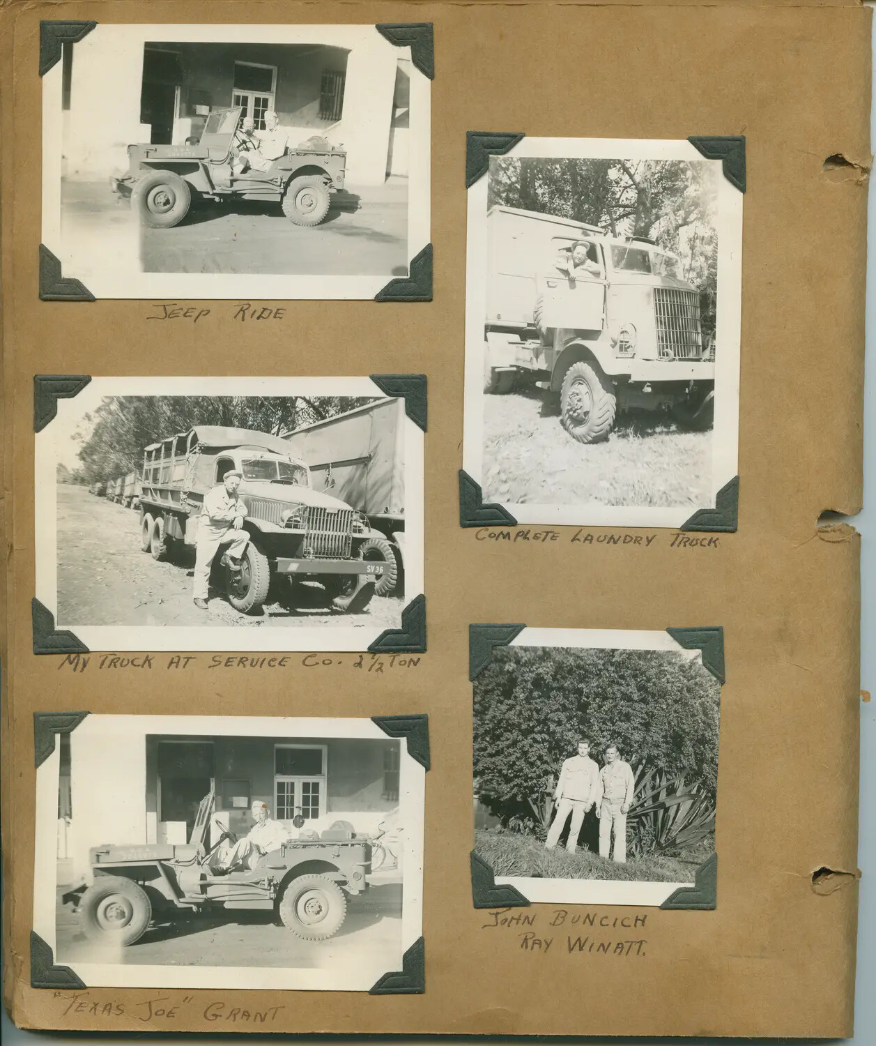 Album Page: Service Company Motor Pool Vehicles and Soldiers, Hawaii, World War II Era
